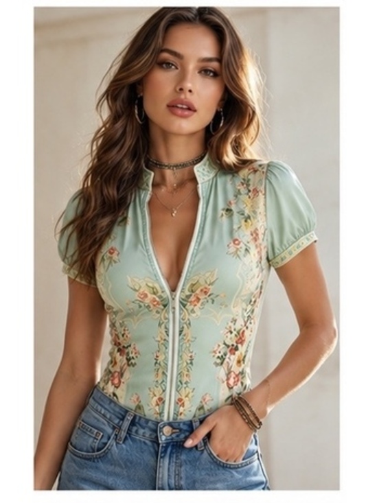 Tops - Retro Mint Green Floral Chiffon Zip-Up Top Size Small
